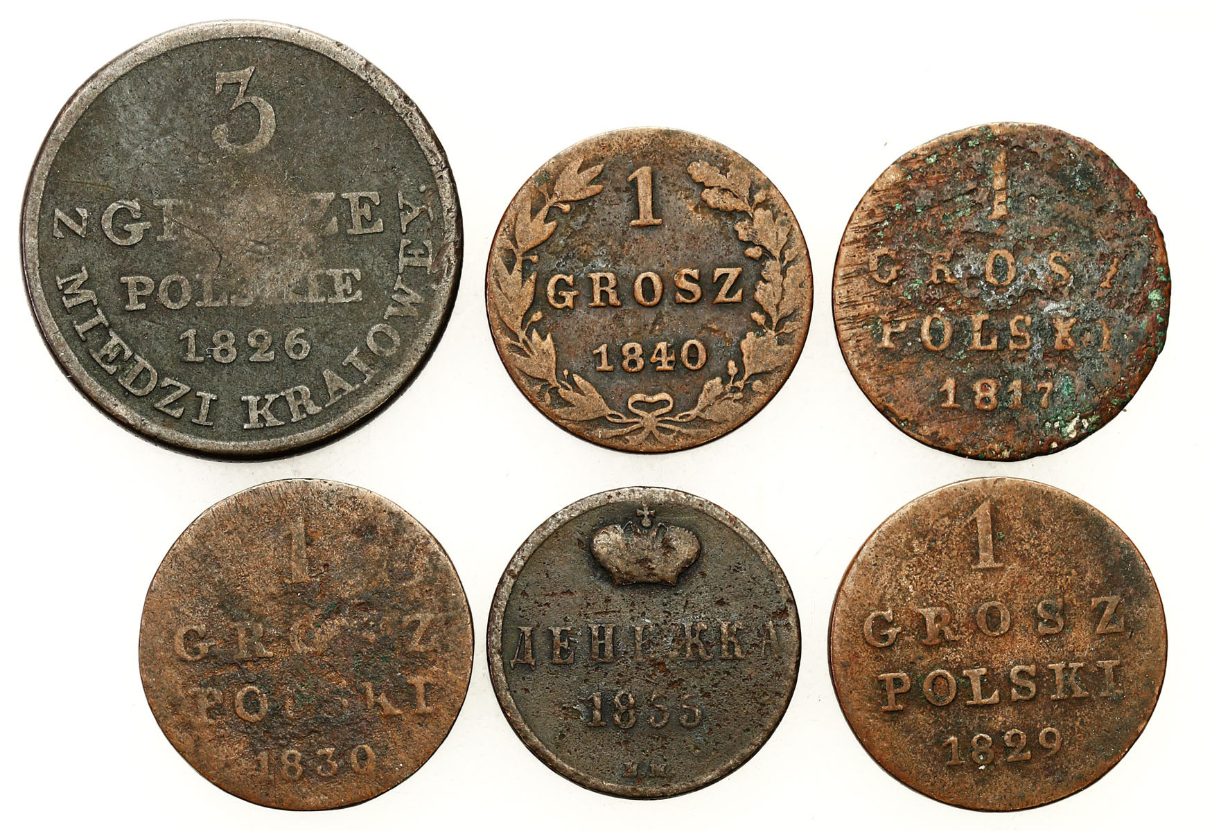 Polska XIX w./Rosja. Grosz 1817, 1830, 1840, 3 grosze 1826, dienieżka 1855, BM, zestaw 6 monet